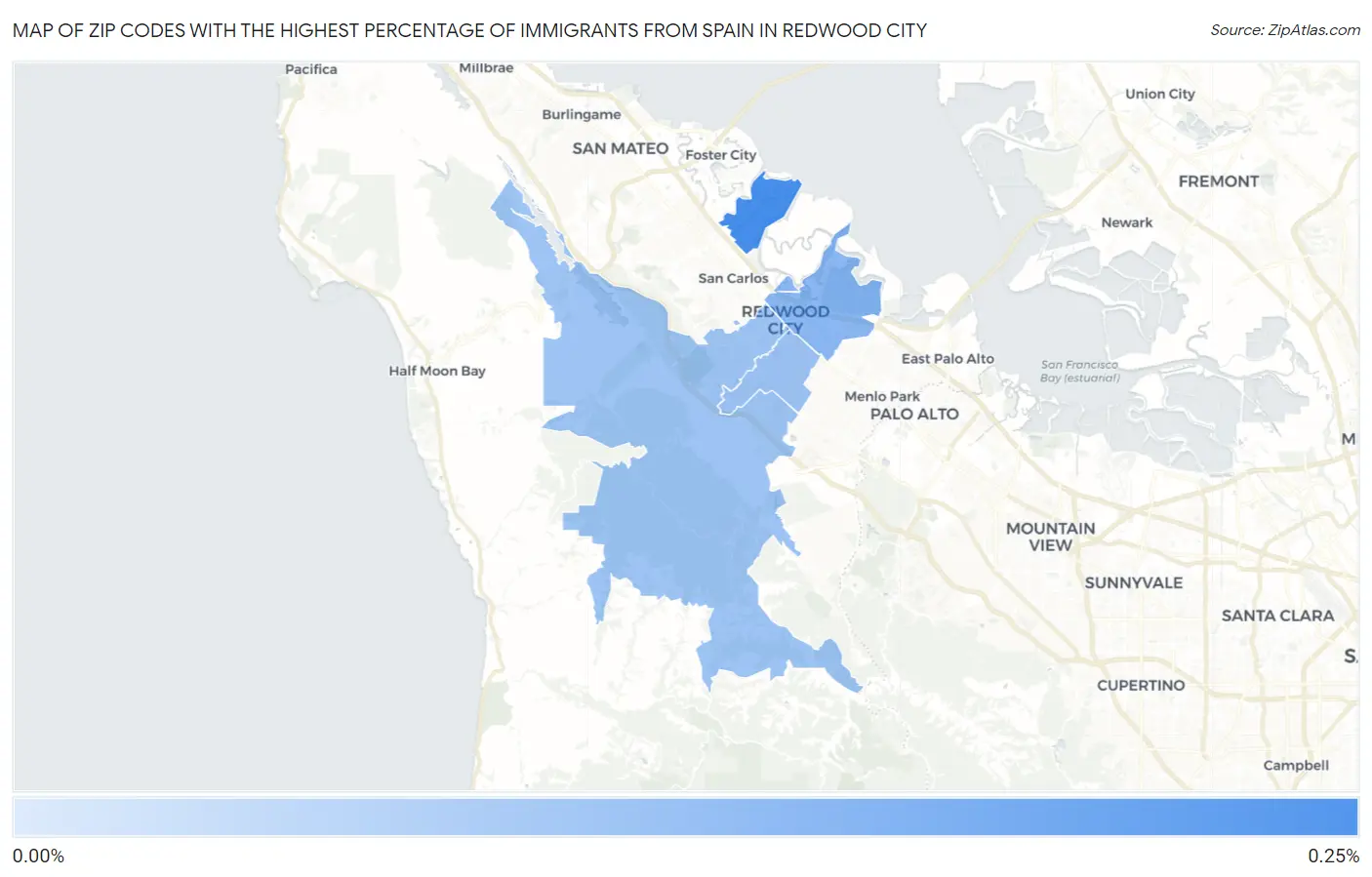 Zip Codes with the Highest Percentage of Immigrants from Spain in Redwood City Map