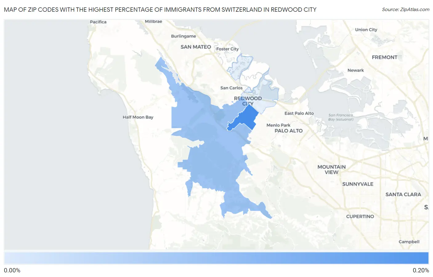 Zip Codes with the Highest Percentage of Immigrants from Switzerland in Redwood City Map