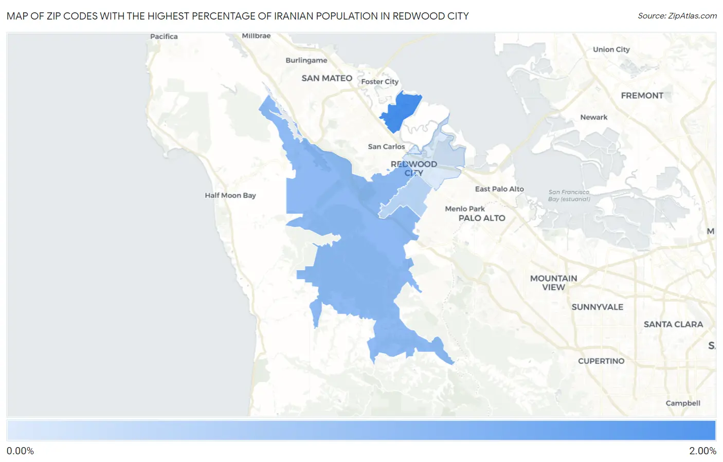 Zip Codes with the Highest Percentage of Iranian Population in Redwood City Map