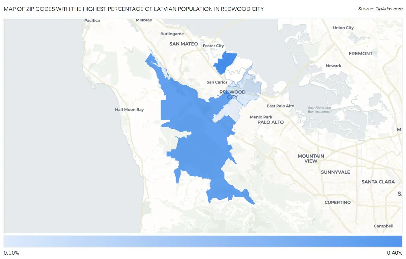Zip Codes with the Highest Percentage of Latvian Population in Redwood City Map