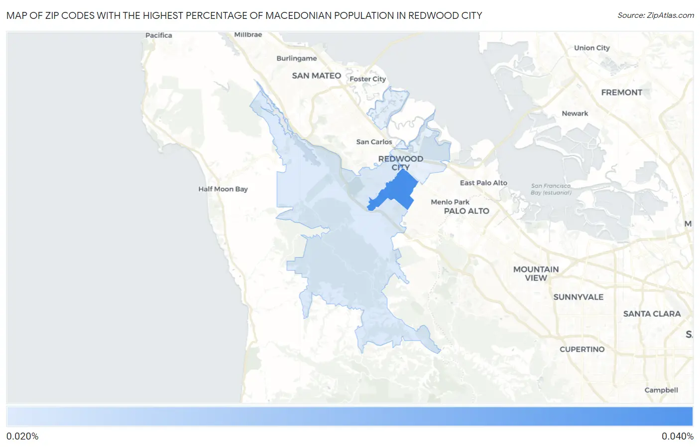 Zip Codes with the Highest Percentage of Macedonian Population in Redwood City Map