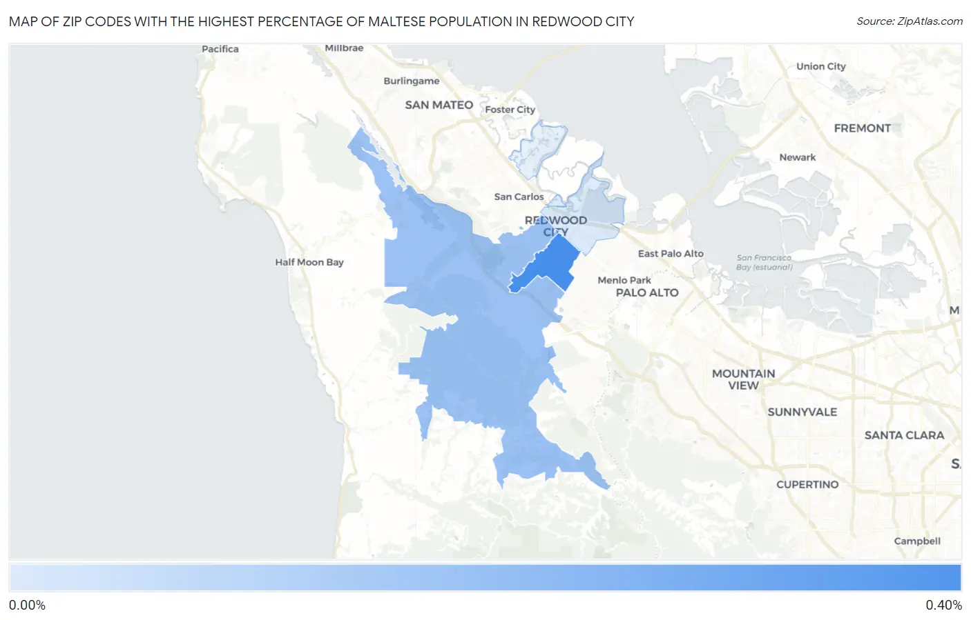 Zip Codes with the Highest Percentage of Maltese Population in Redwood City Map