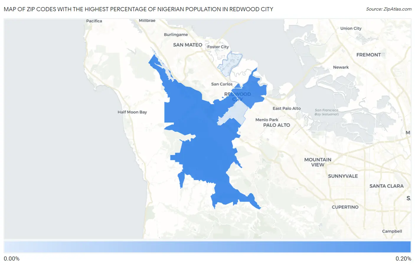 Zip Codes with the Highest Percentage of Nigerian Population in Redwood City Map