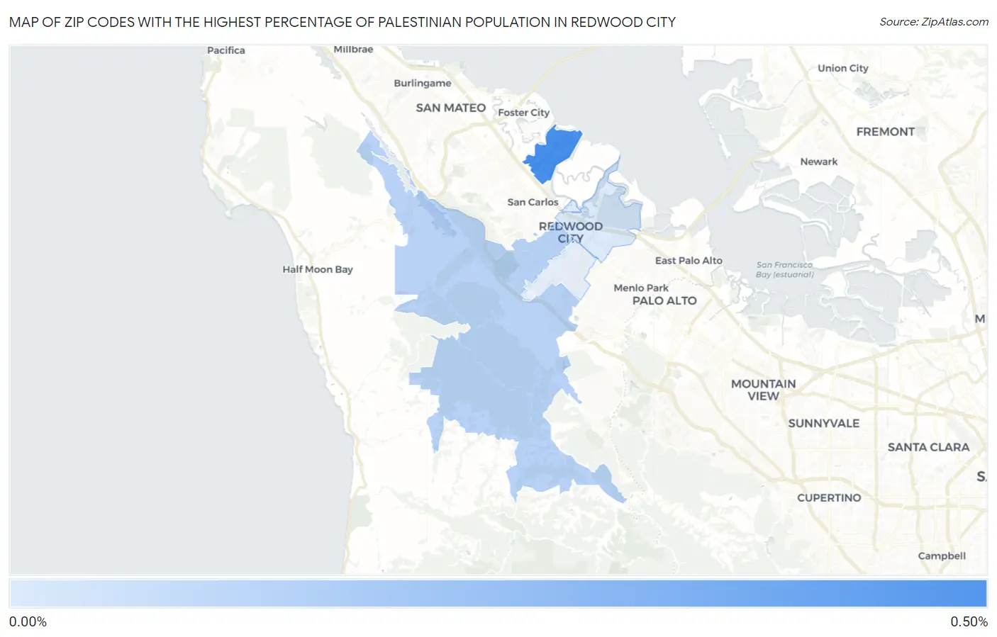 Zip Codes with the Highest Percentage of Palestinian Population in Redwood City Map
