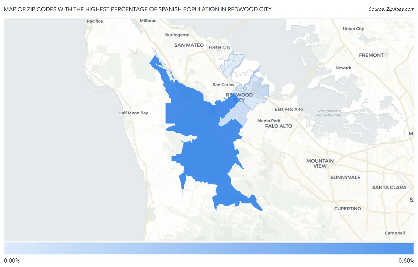Zip Codes with the Highest Percentage of Spanish Population in Redwood City Map