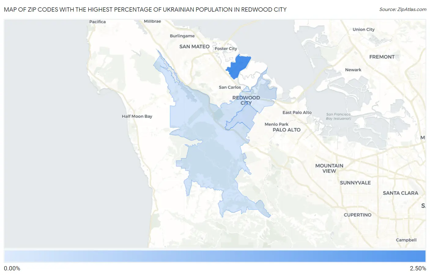Zip Codes with the Highest Percentage of Ukrainian Population in Redwood City Map