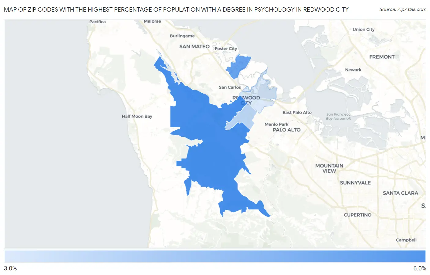 Zip Codes with the Highest Percentage of Population with a Degree in Psychology in Redwood City Map