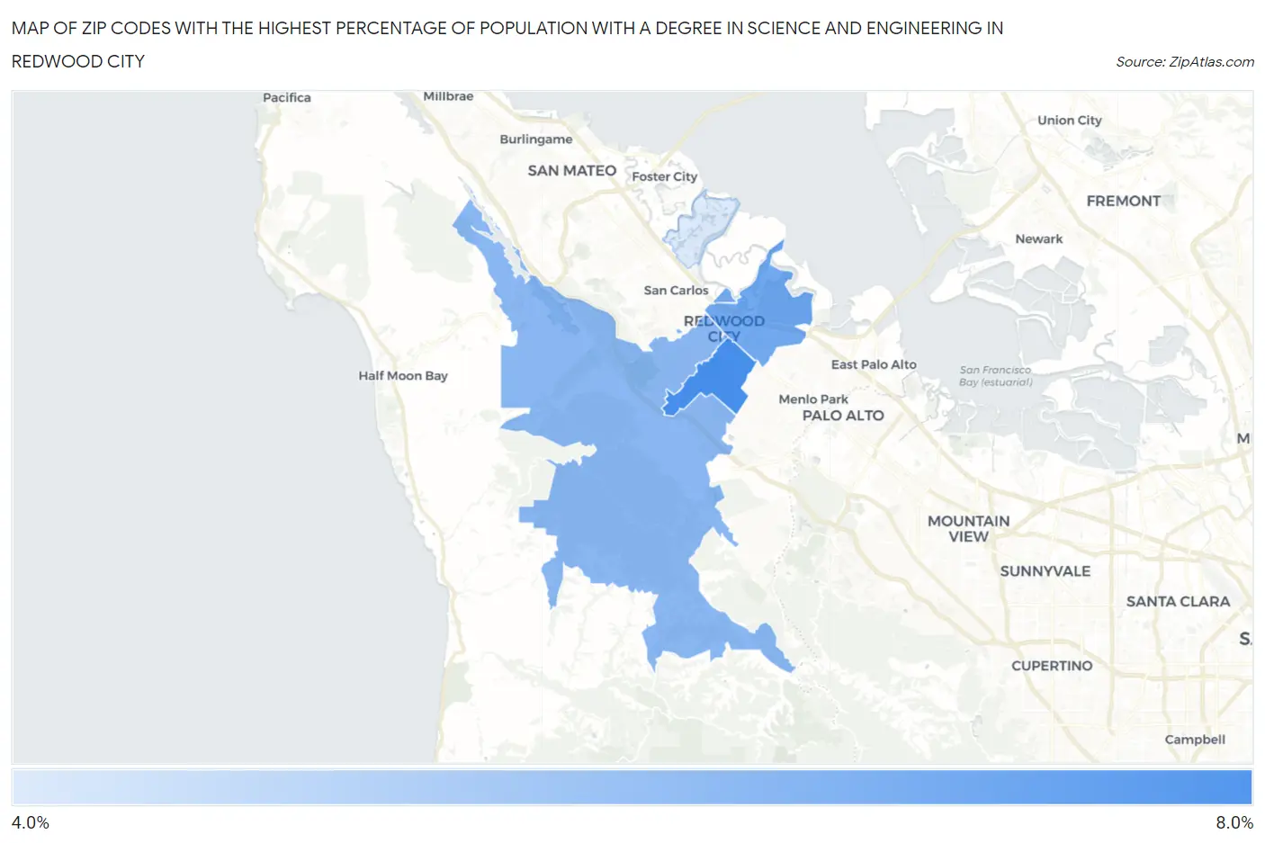 Zip Codes with the Highest Percentage of Population with a Degree in Science and Engineering in Redwood City Map