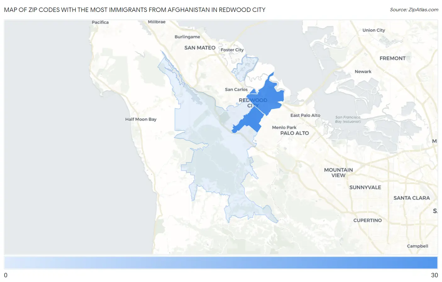 Zip Codes with the Most Immigrants from Afghanistan in Redwood City Map