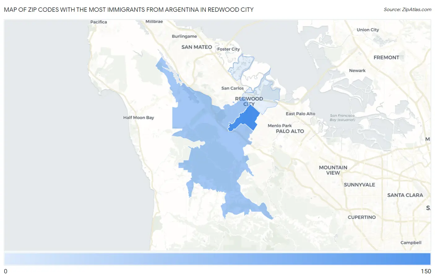 Zip Codes with the Most Immigrants from Argentina in Redwood City Map