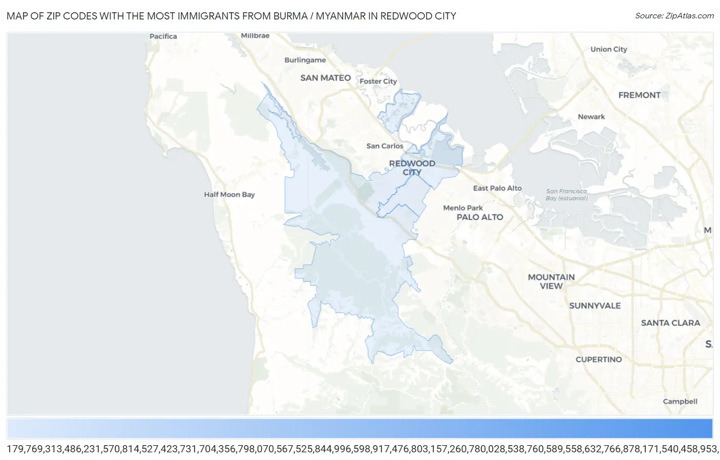 Zip Codes with the Most Immigrants from Burma / Myanmar in Redwood City Map