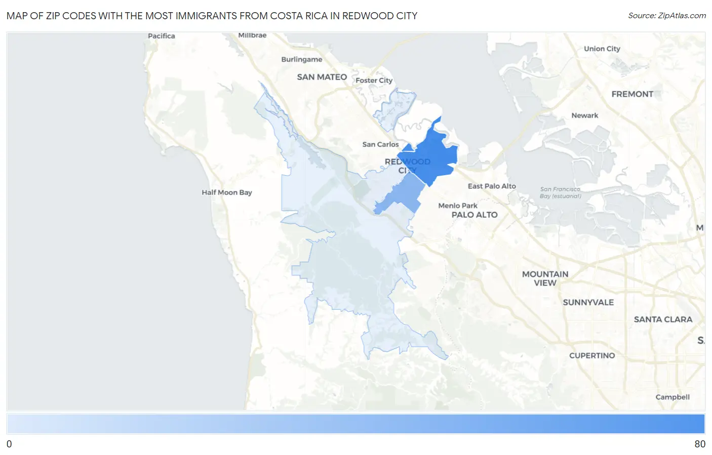 Zip Codes with the Most Immigrants from Costa Rica in Redwood City Map