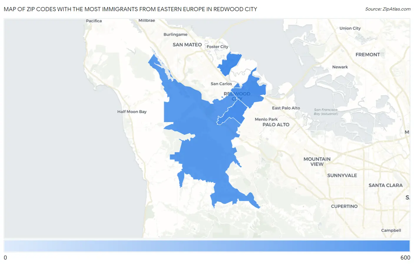Zip Codes with the Most Immigrants from Eastern Europe in Redwood City Map