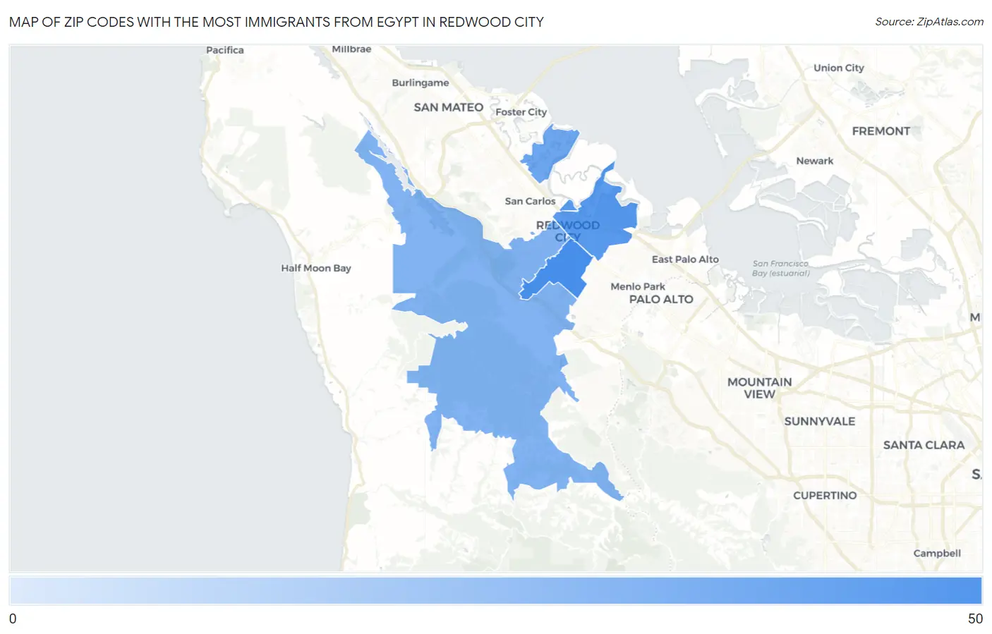 Zip Codes with the Most Immigrants from Egypt in Redwood City Map