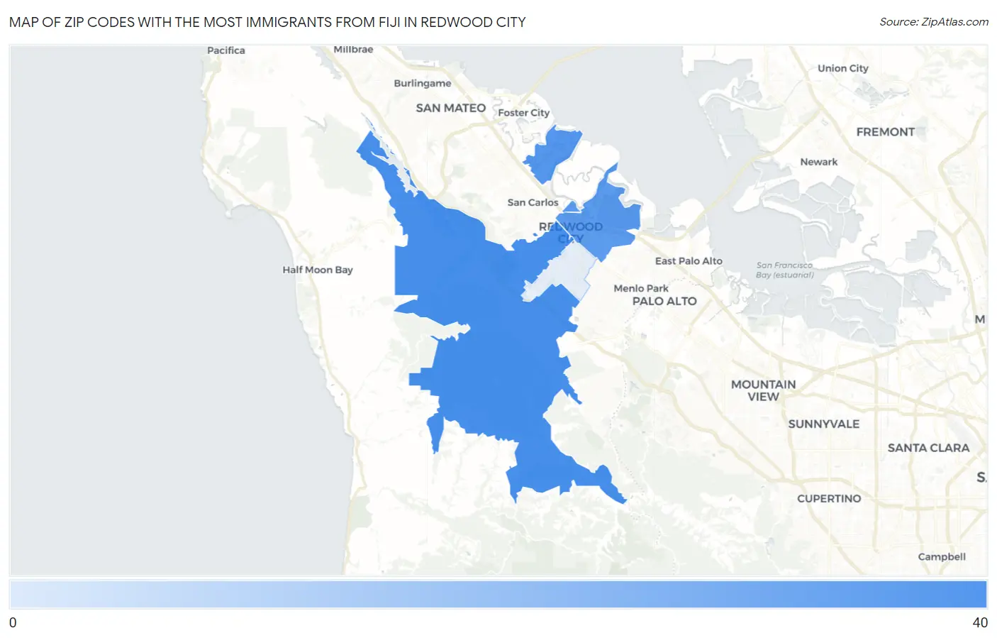 Zip Codes with the Most Immigrants from Fiji in Redwood City Map