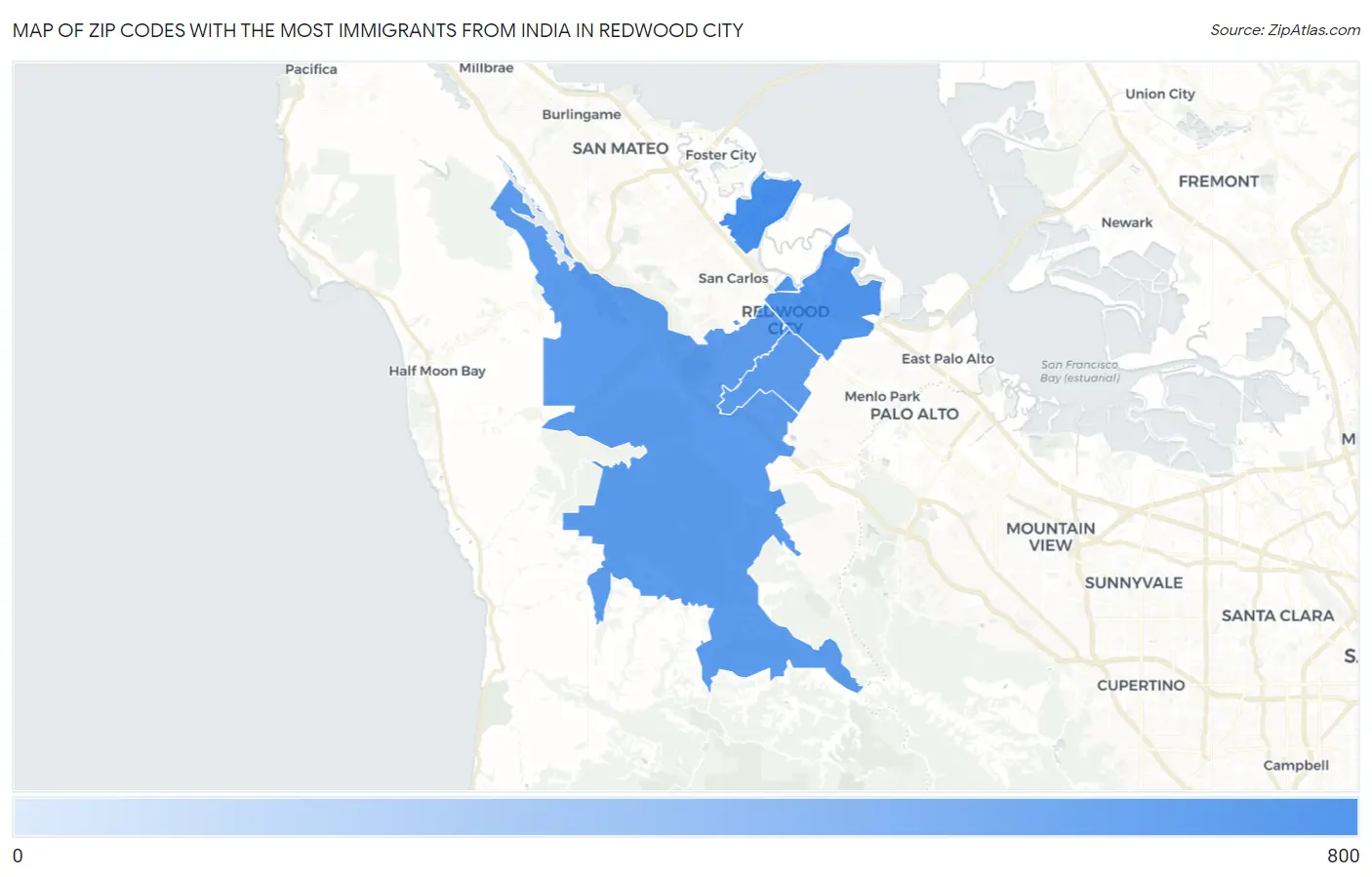 Zip Codes with the Most Immigrants from India in Redwood City Map