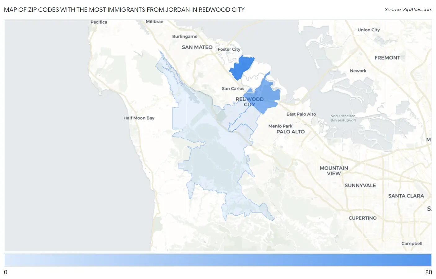 Zip Codes with the Most Immigrants from Jordan in Redwood City Map
