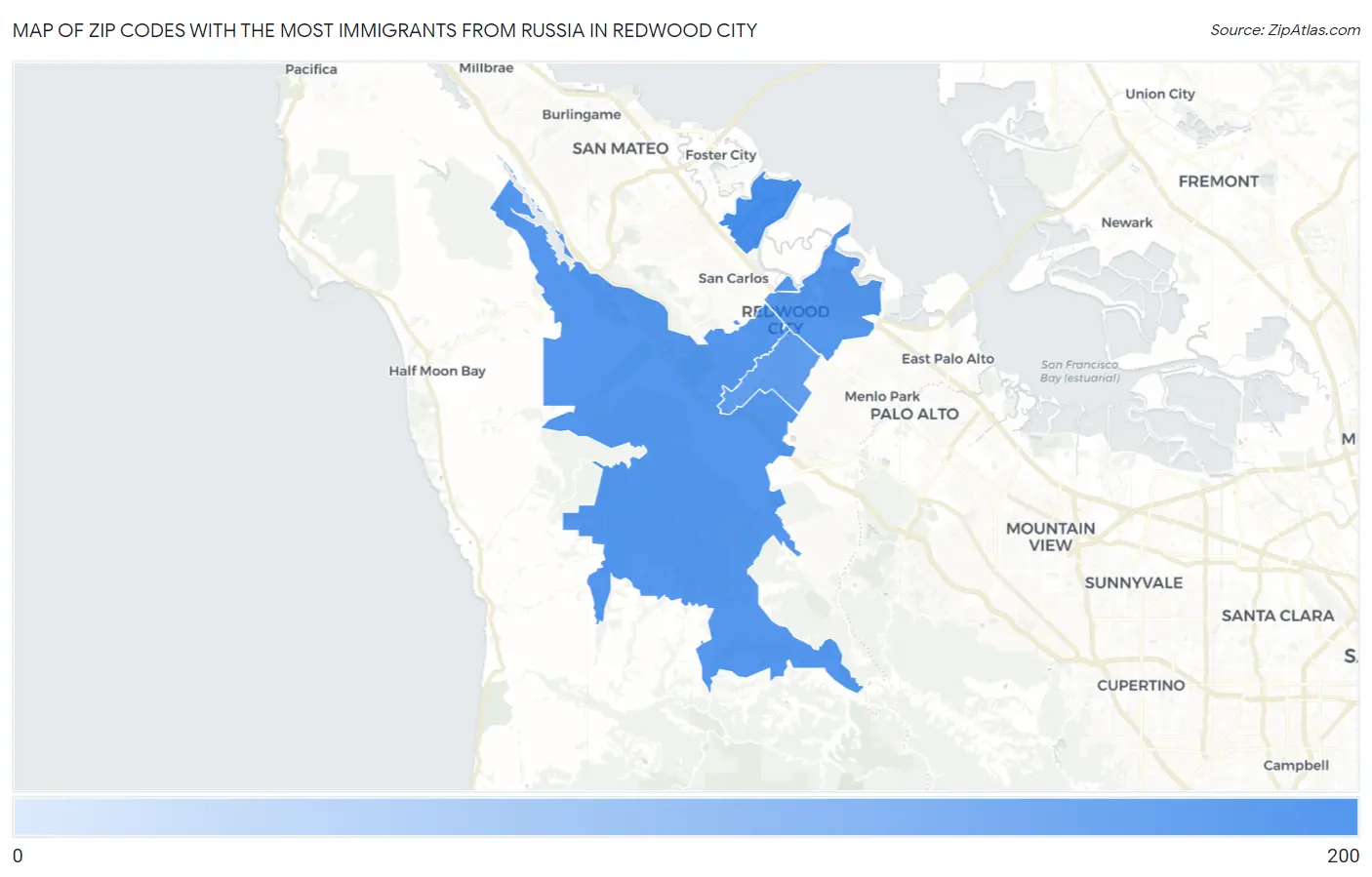 Zip Codes with the Most Immigrants from Russia in Redwood City Map