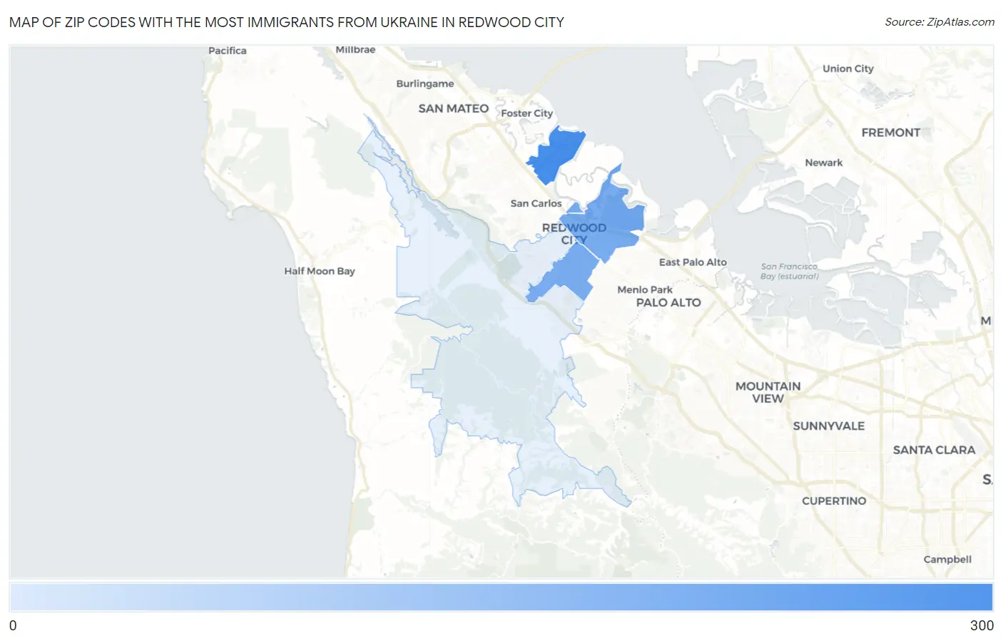 Zip Codes with the Most Immigrants from Ukraine in Redwood City Map