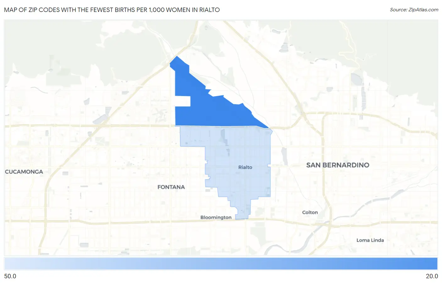Zip Codes with the Fewest Births per 1,000 Women in Rialto Map