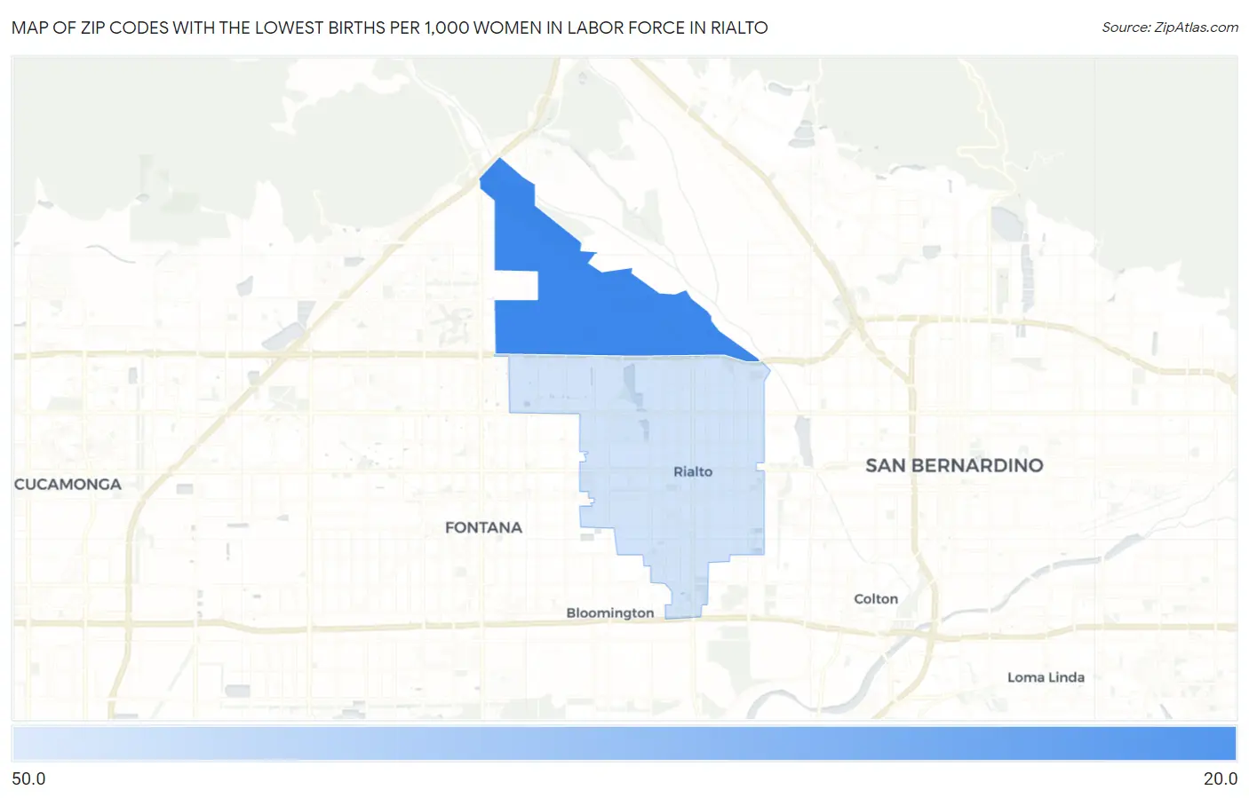 Zip Codes with the Lowest Births per 1,000 Women in Labor Force in Rialto Map