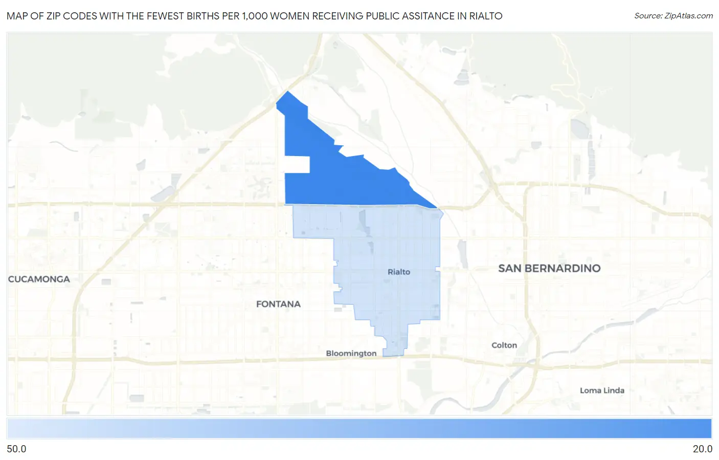 Zip Codes with the Fewest Births per 1,000 Women Receiving Public Assitance in Rialto Map