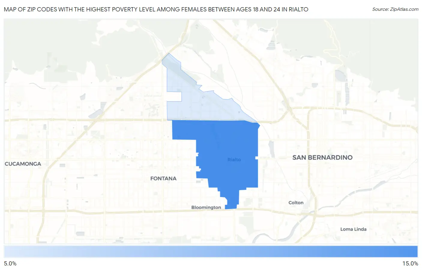 Zip Codes with the Highest Poverty Level Among Females Between Ages 18 and 24 in Rialto Map