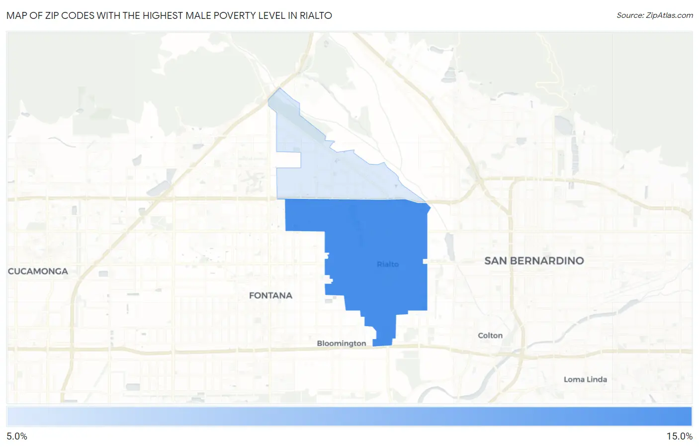 Zip Codes with the Highest Male Poverty Level in Rialto Map