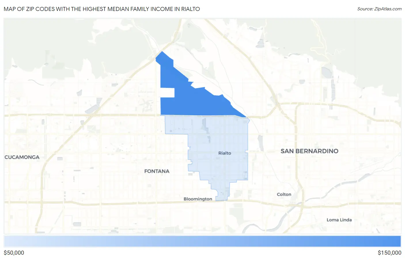 Zip Codes with the Highest Median Family Income in Rialto Map