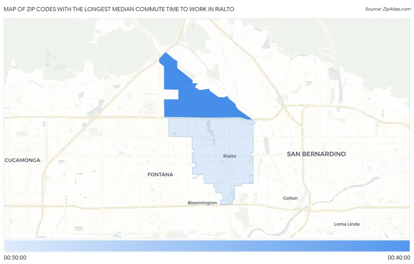 Zip Codes with the Longest Median Commute Time to Work in Rialto Map
