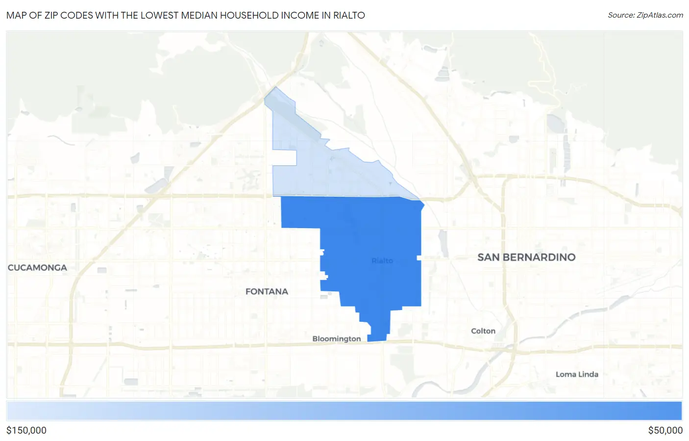 Zip Codes with the Lowest Median Household Income in Rialto Map