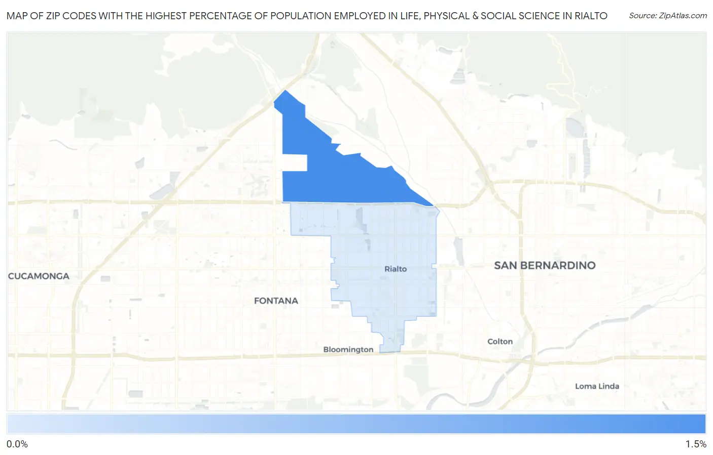 Zip Codes with the Highest Percentage of Population Employed in Life, Physical & Social Science in Rialto Map