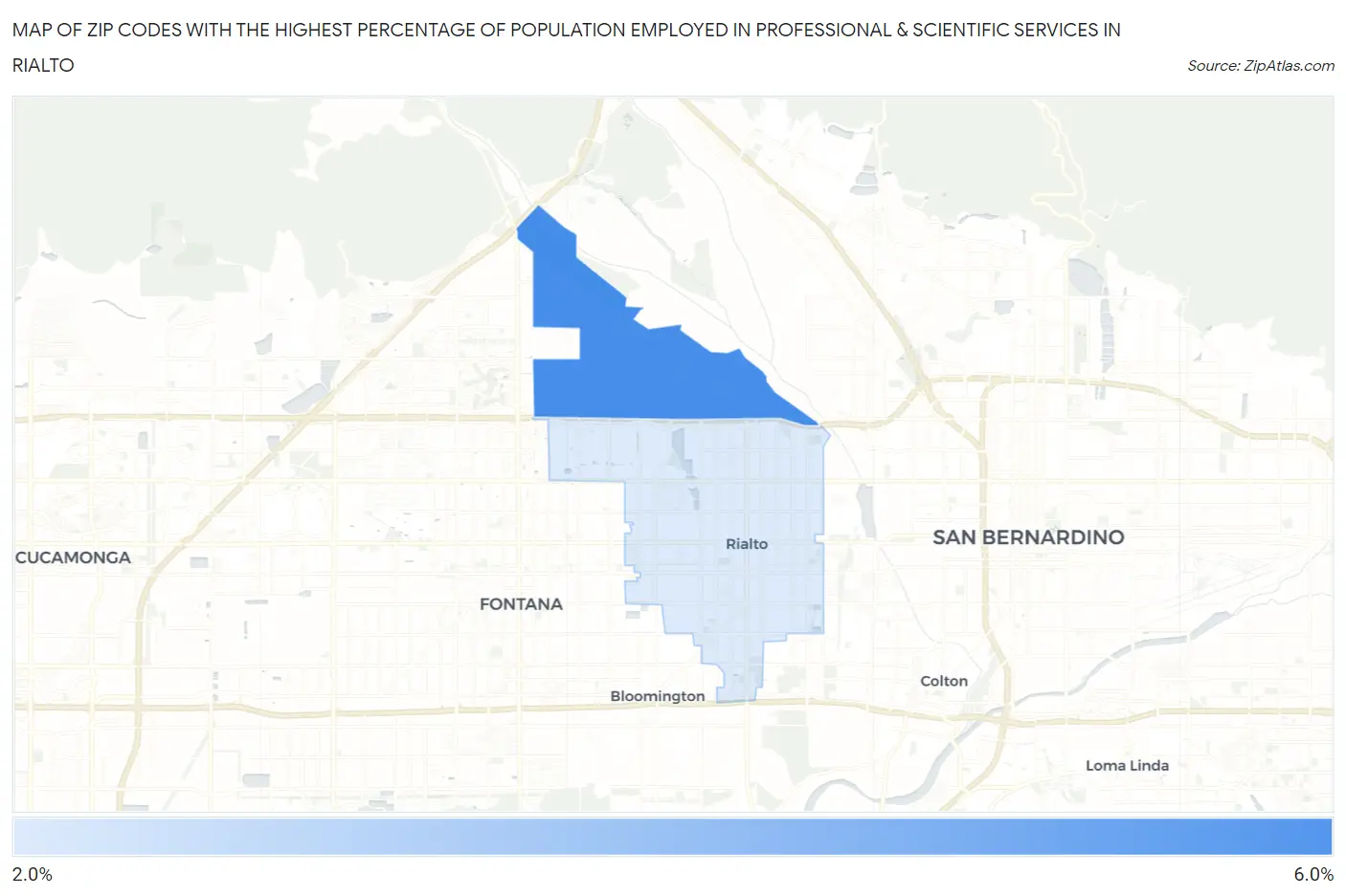 Zip Codes with the Highest Percentage of Population Employed in Professional & Scientific Services in Rialto Map