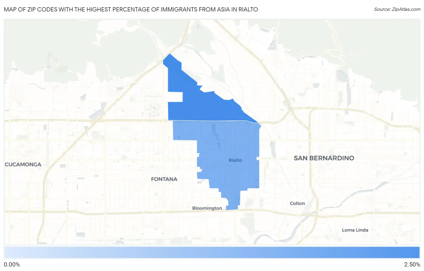Zip Codes with the Highest Percentage of Immigrants from Asia in Rialto Map