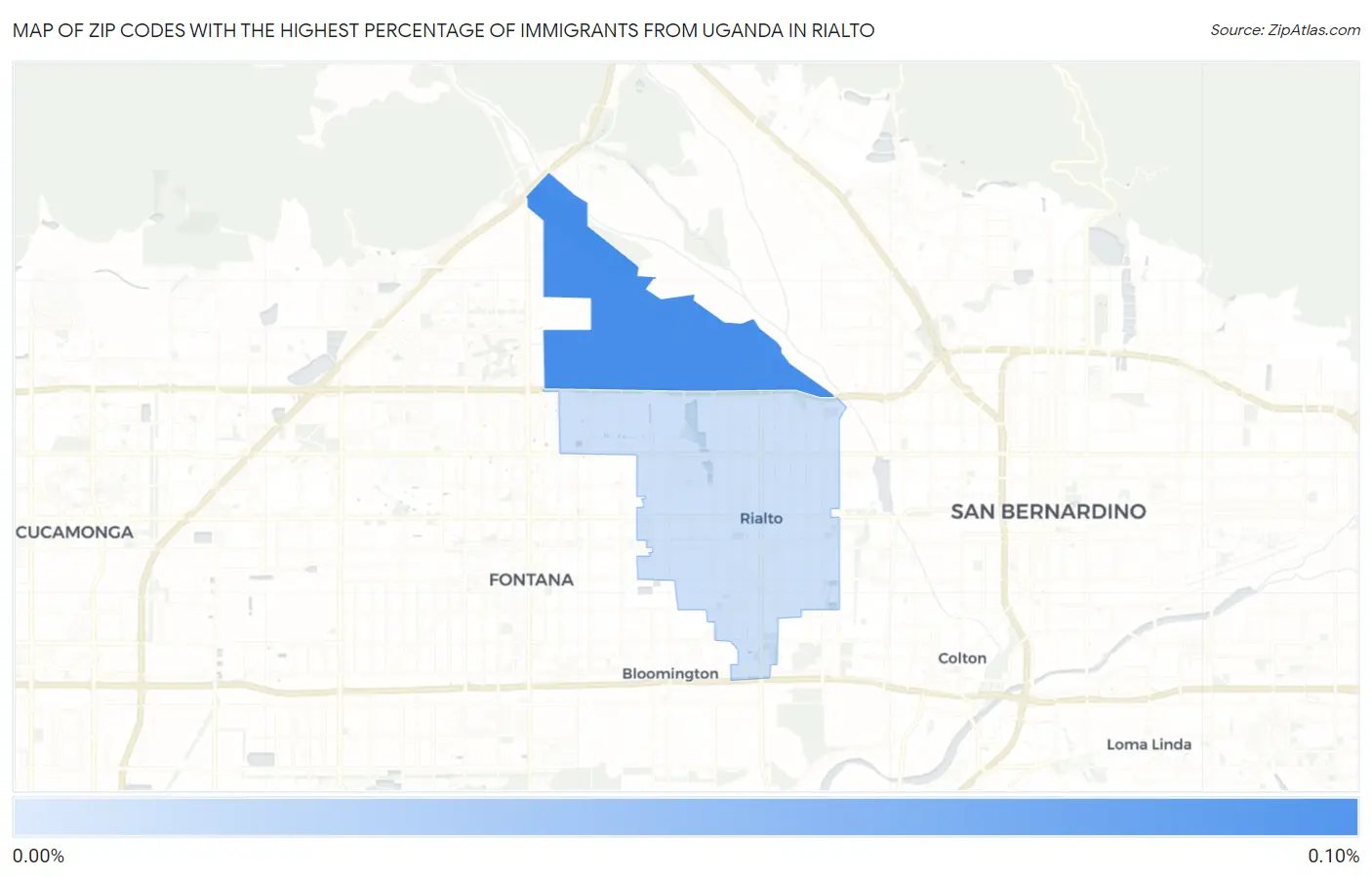 Zip Codes with the Highest Percentage of Immigrants from Uganda in Rialto Map