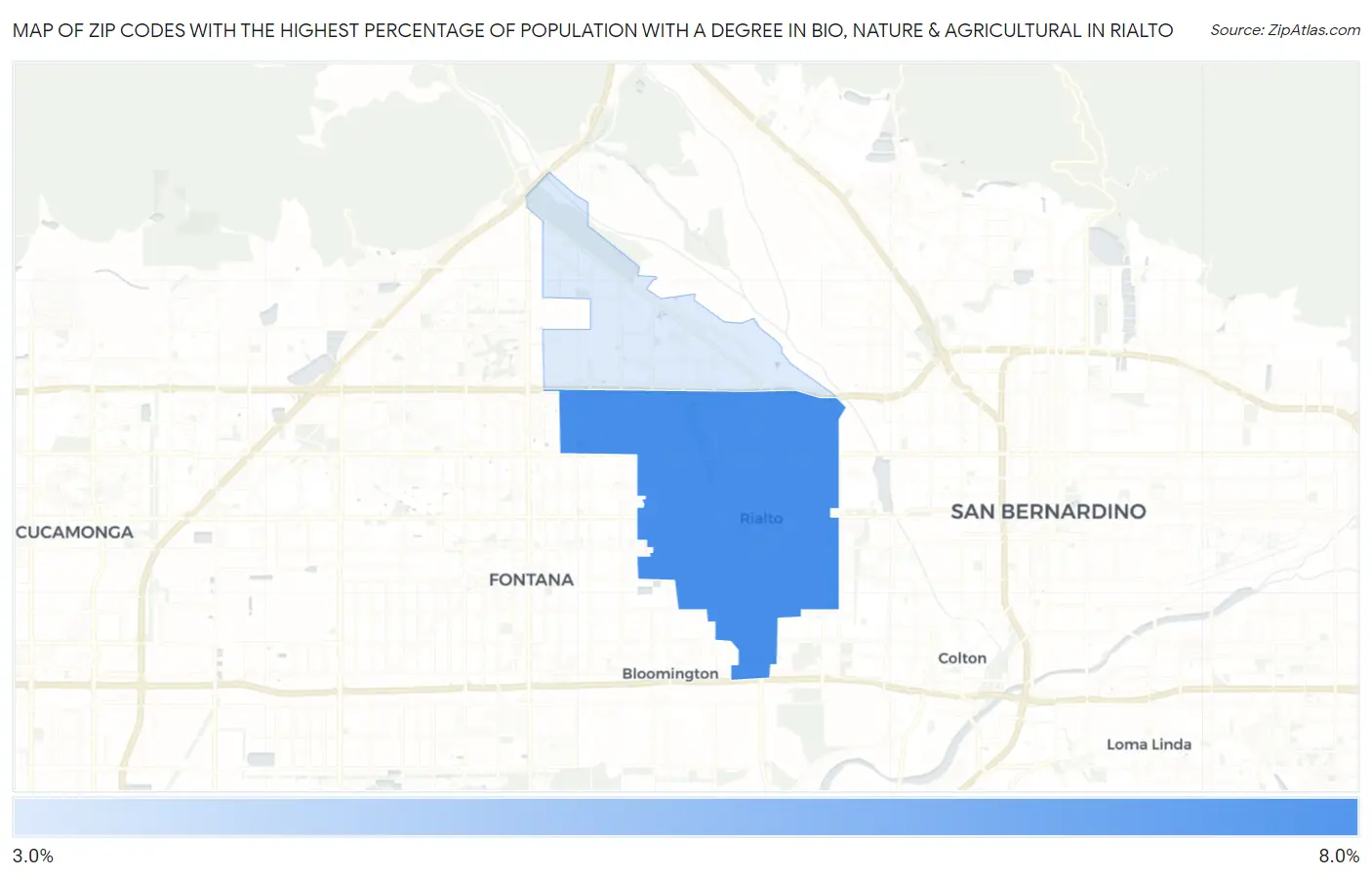 Zip Codes with the Highest Percentage of Population with a Degree in Bio, Nature & Agricultural in Rialto Map