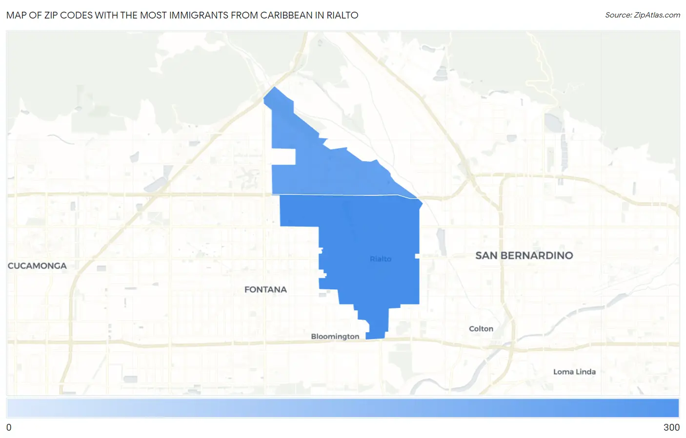 Zip Codes with the Most Immigrants from Caribbean in Rialto Map