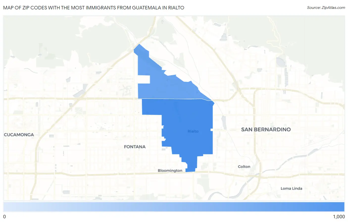 Zip Codes with the Most Immigrants from Guatemala in Rialto Map