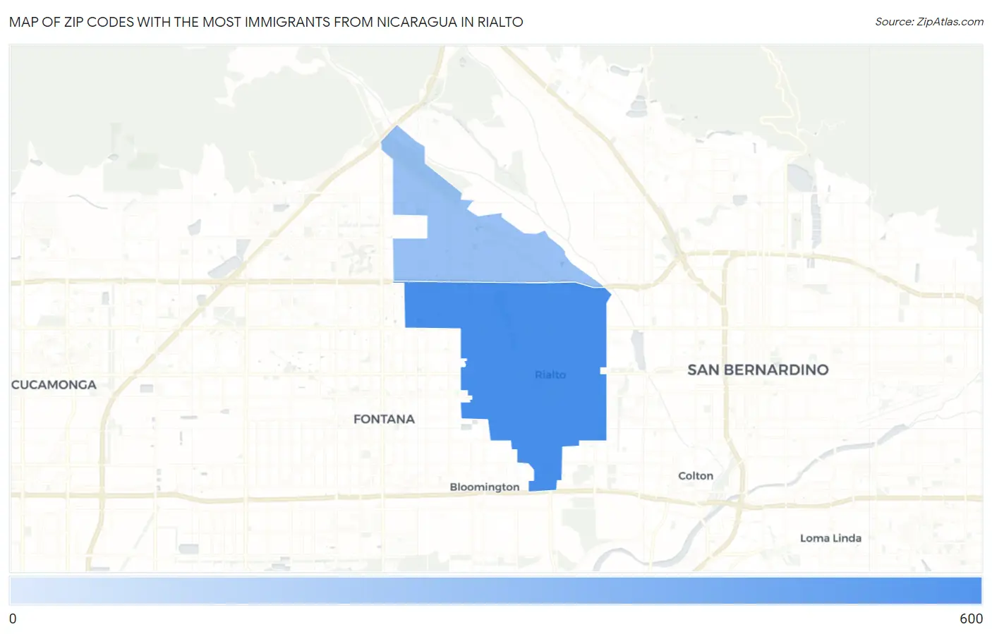 Zip Codes with the Most Immigrants from Nicaragua in Rialto Map