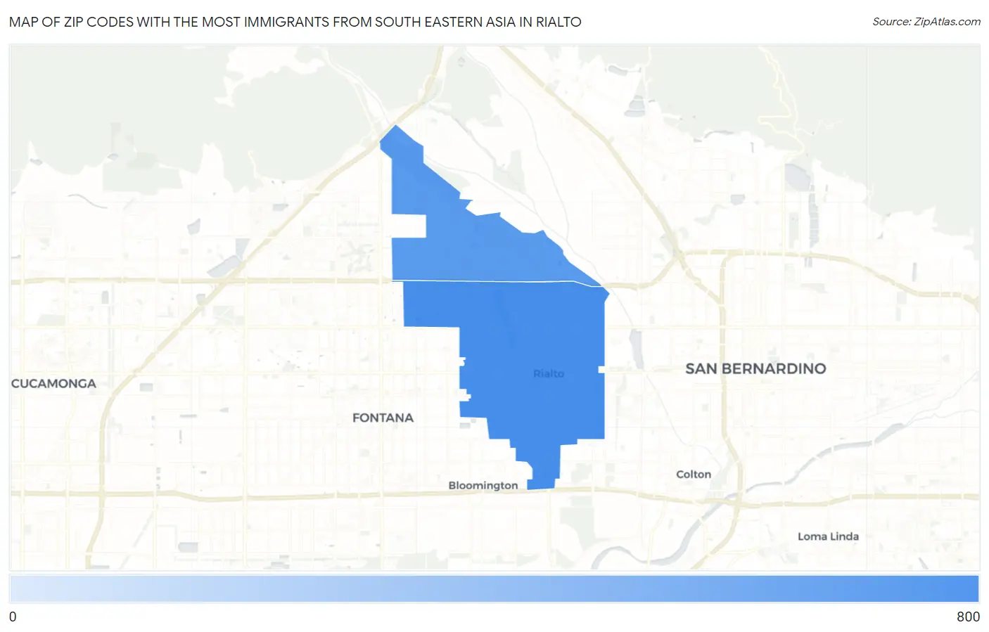 Zip Codes with the Most Immigrants from South Eastern Asia in Rialto Map