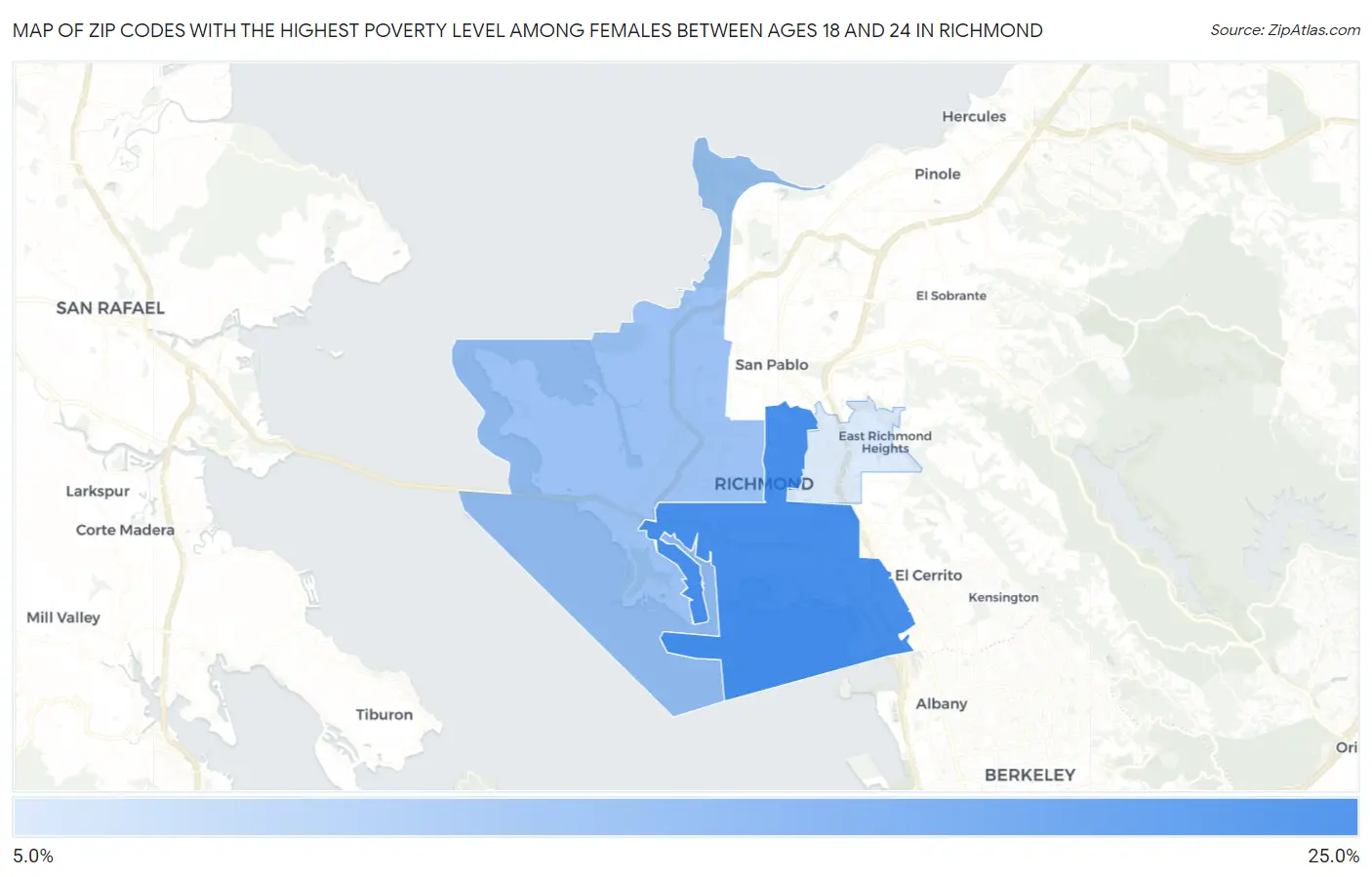 Zip Codes with the Highest Poverty Level Among Females Between Ages 18 and 24 in Richmond Map