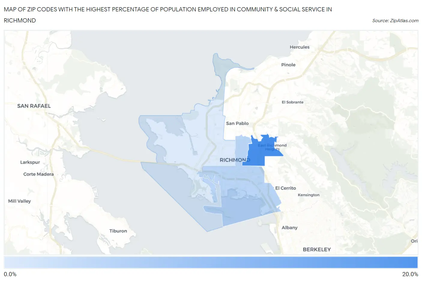 Zip Codes with the Highest Percentage of Population Employed in Community & Social Service  in Richmond Map