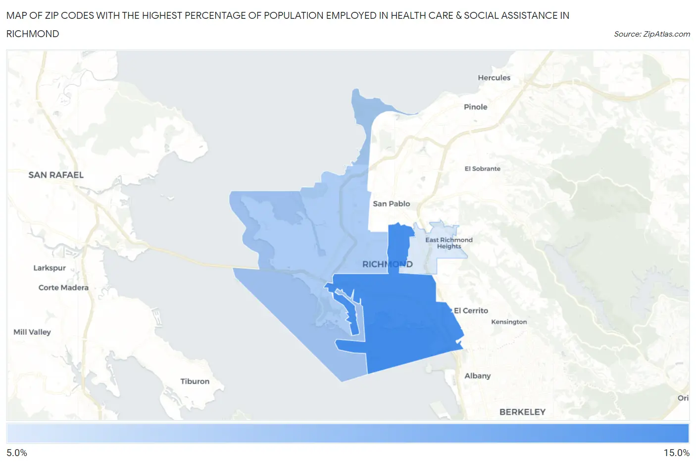 Zip Codes with the Highest Percentage of Population Employed in Health Care & Social Assistance in Richmond Map