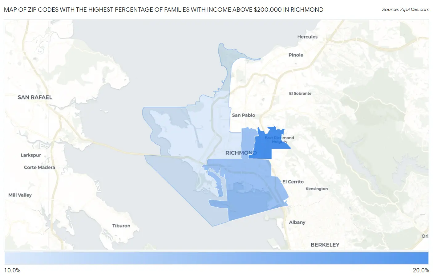 Zip Codes with the Highest Percentage of Families with Income Above $200,000 in Richmond Map
