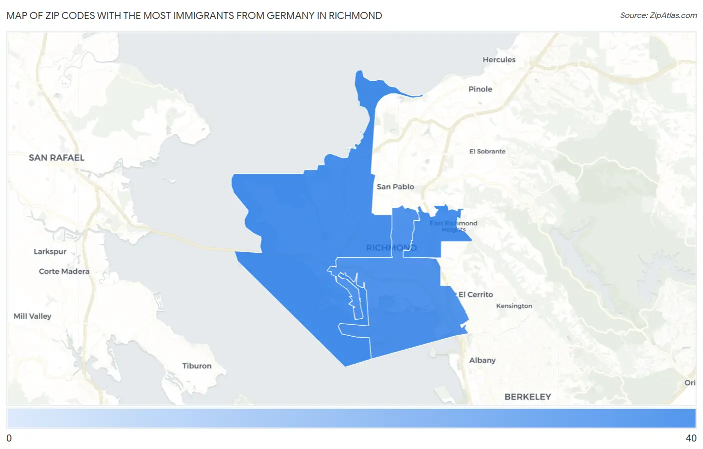Zip Codes with the Most Immigrants from Germany in Richmond Map
