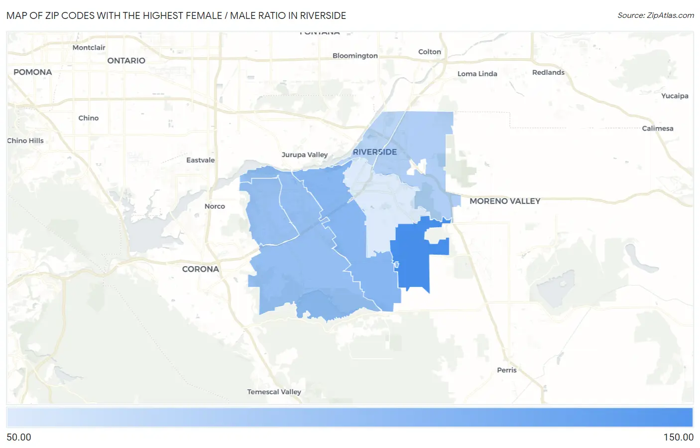 Zip Codes with the Highest Female / Male Ratio in Riverside Map