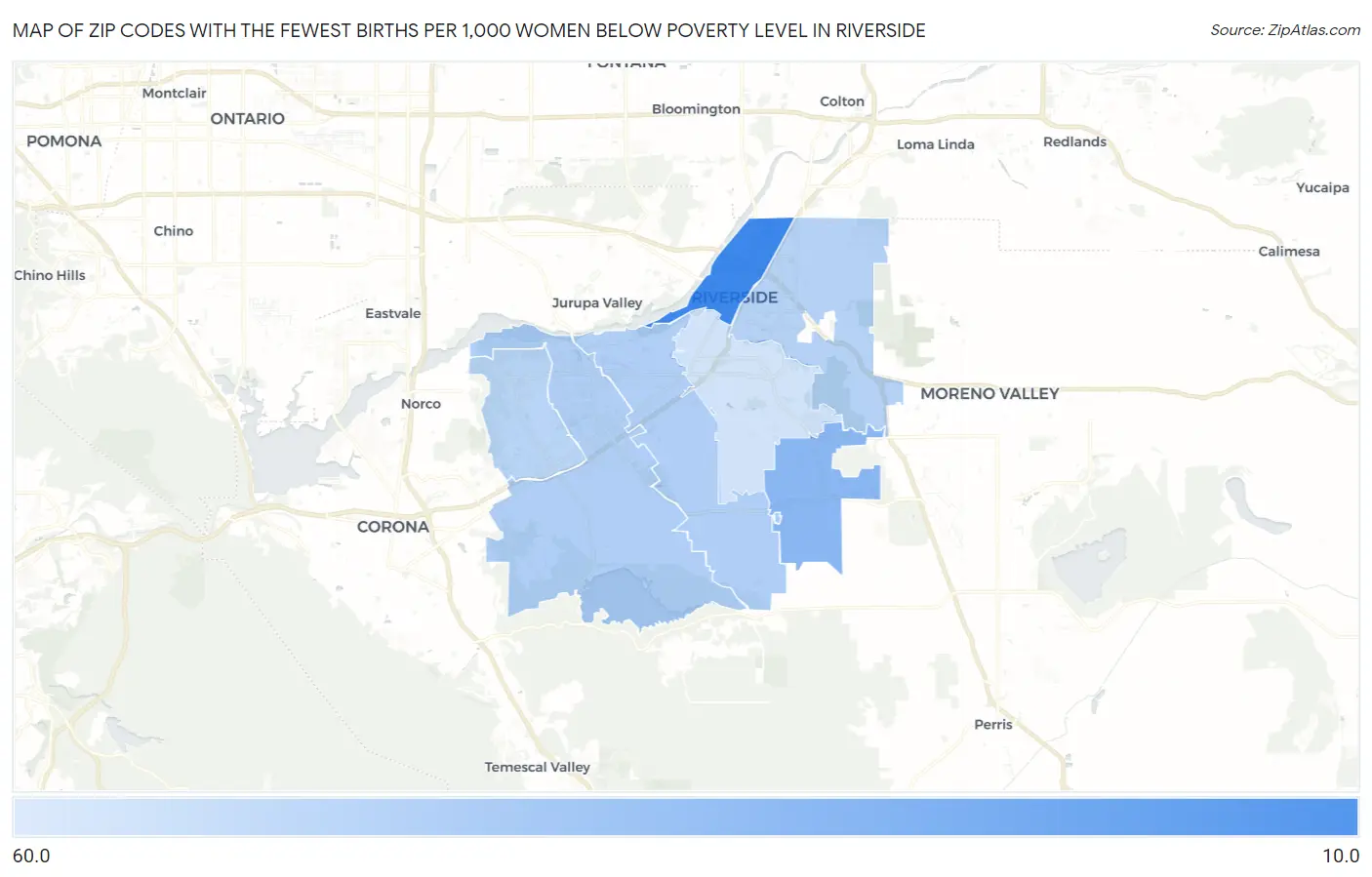 Zip Codes with the Fewest Births per 1,000 Women Below Poverty Level in Riverside Map