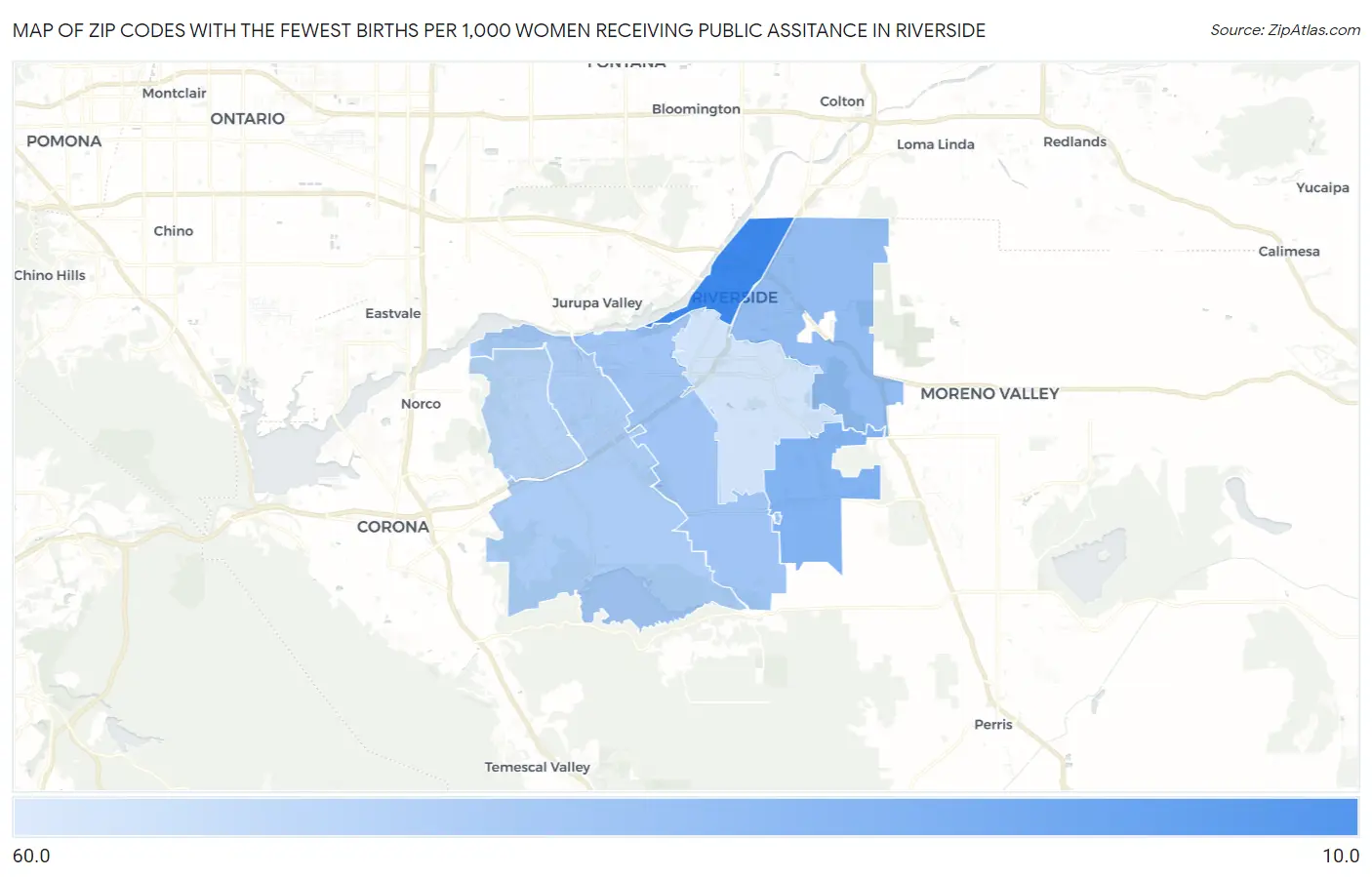 Zip Codes with the Fewest Births per 1,000 Women Receiving Public Assitance in Riverside Map