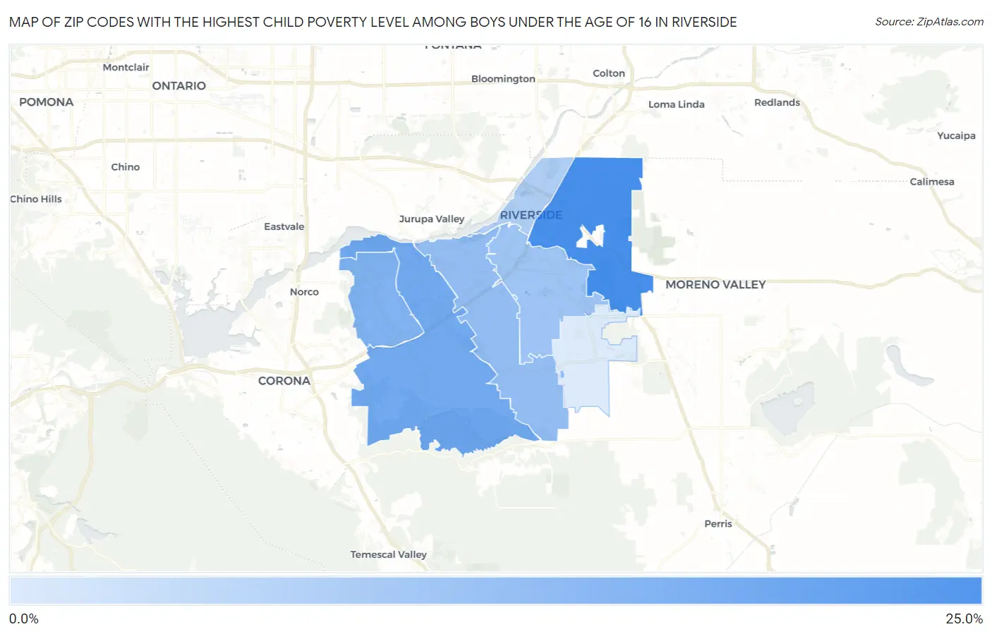 Zip Codes with the Highest Child Poverty Level Among Boys Under the Age of 16 in Riverside Map