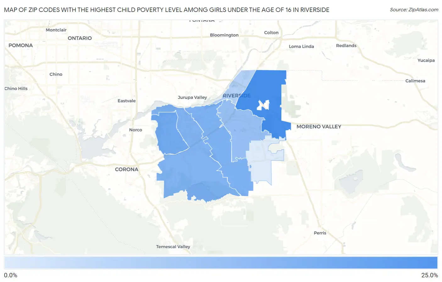 Zip Codes with the Highest Child Poverty Level Among Girls Under the Age of 16 in Riverside Map